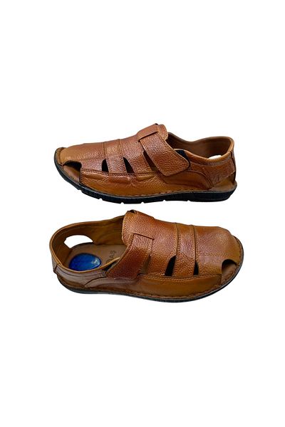 SULA Men's Velcro Strap Summer Sandals Leather Tan Stitched Poly Sole