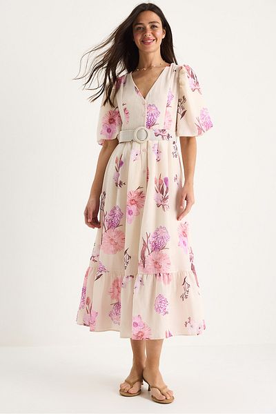 Bianco Lucci Women's V-Neck Watermelon Sleeves Belted Floral Patterned Lined Viscose Linen Dress 3040 60283363