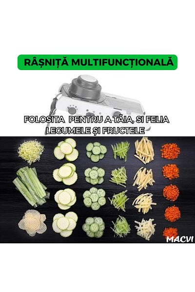 MACVI Macvi® vegetable and fruit grater, 18 cutting types, stainless steel blades, adjustable 1-7 mm, gray