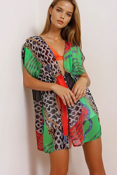 VAGGON Women's Green Patterned Kimono Prmx2325