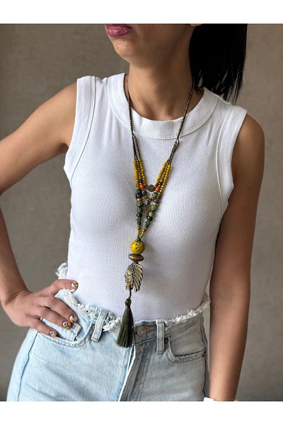 dela otantik Ethnic Style Handmade Tassels Long Necklace – Beaded Authentic Bohemian Vintage Yellow Big Bijouterie Jewelry