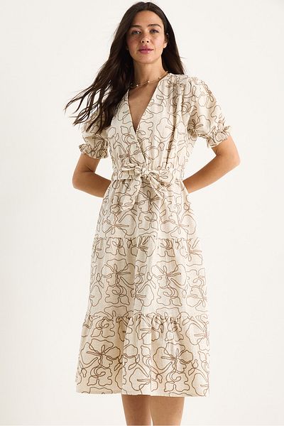 Bianco Lucci Women's Double Breasted Collar Elastic Waist Belted Embroidery Embroidered Linen Dress5240 60281057