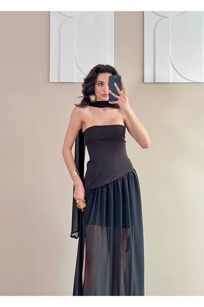LOCH BUTİK Rochie de damă cu șal negru cu fustă plisată din șifon
