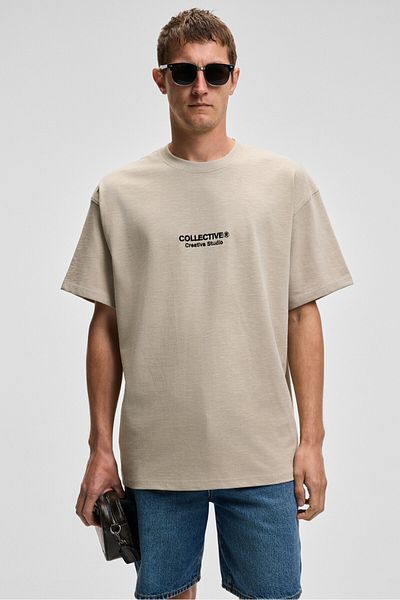 GRIMELANGE Collective Men's Front Embroidery Back Print Detailed 100% Organic Cotton Oversize Short Sleeve Stone Color T-Shirt