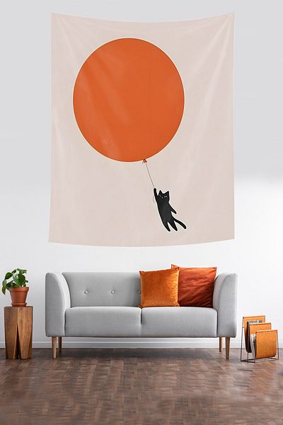on the clouds Flying Cat with Balloon Patterned Minimalism Stain Resistant Fabric Wall Cover Wall Carpet Tapestry