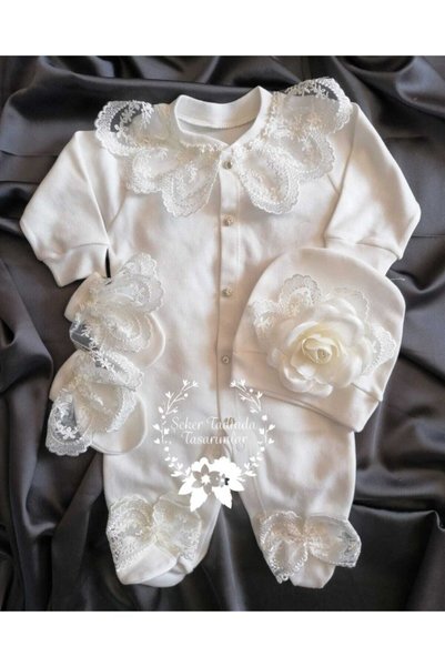Şeker Tadında Tasarımlar Baby Girl White Rose Detailed Jumpsuit Set