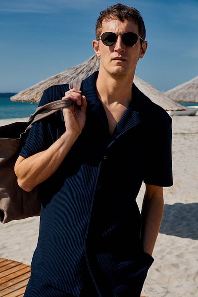 GRIMELANGE Ermano Men's Regular Fit Short Sleeve Shirt Collar Buttoned Navy Blue Shirt