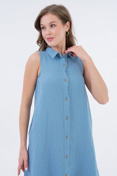 saint majesta 100% Cotton Muslin Zero Sleeve Button Detailed Polo Collar Comfortable Summer Women's Dress-Sm001