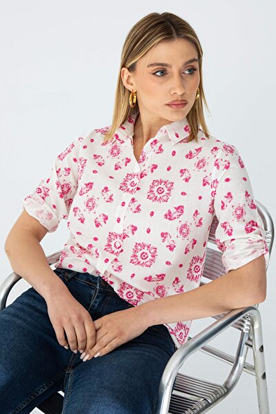 Nuevo Ženska ružičasta košulja sa preklopljenim rukavima Sa deznom Lan