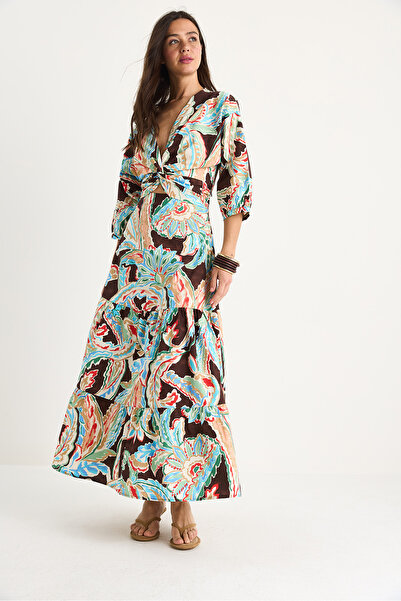 Bianco Lucci Kadın Etnik Desenli V Yaka Arkası Gipeli Uzun Poplin Elbise 6628 60283380