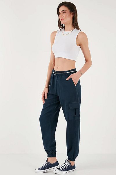 TENA Women's Navy Blue Palaska Belted Cargo Pocket Elastic Leg Gabardine Trousers