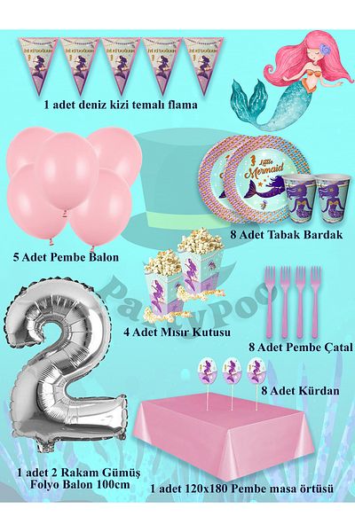 PartyPoo Mermaid Birthday Set 8 People Party Balloons, Birthday Ornaments, Birthday Party Set