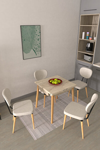 VİLİNZE Deniz Sandalye Avanos Ahşap MDF Kanatlı Mutfak Masası Takımı - 70x70+...