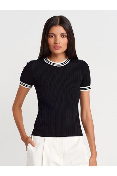 Dilvin 10765 Crew Neck Striped Knitwear Blouse-Black-Ecru