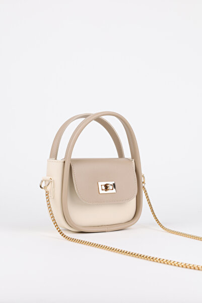 NOTHING Women's Gold Lock Detailed Adjustable Chain Strap Mink Cream Hand Shoulder and Crossbody Bag Lora