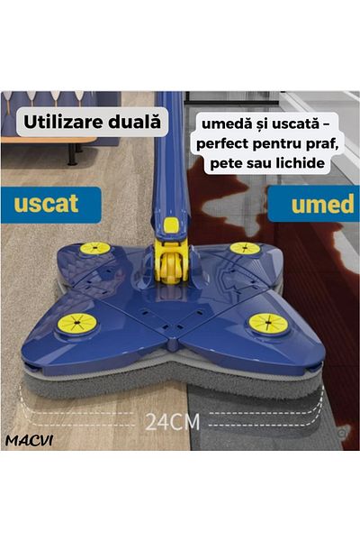 MACVI Mop cu Cap Stea Macvi® 360° Telescopic, 2 lavete Microfibra, Lungime 123 cm, Albastru/Galben