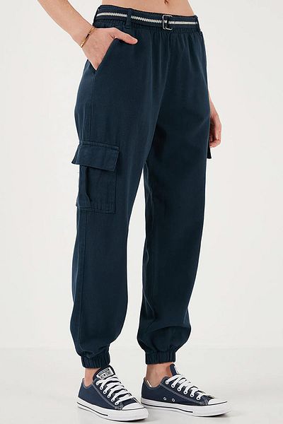 TENA Women's Navy Blue Palaska Belted Cargo Pocket Elastic Leg Gabardine Trousers