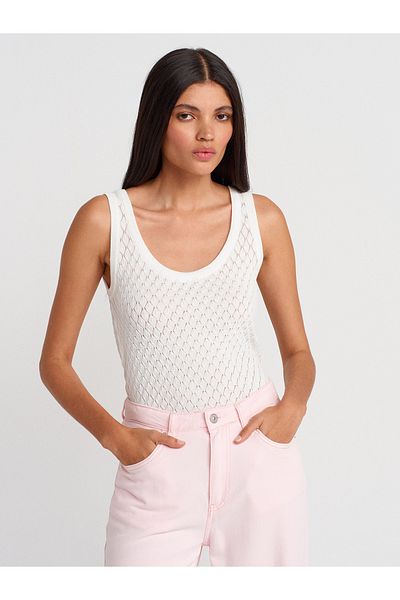 Dilvin 10749 Thick Strap Openwork Knitwear Blouse-White
