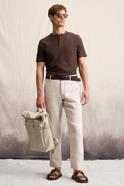 GRIMELANGE Ermac Men's Judge Collar Button Short Sleeve Dark Brown T-Shirt