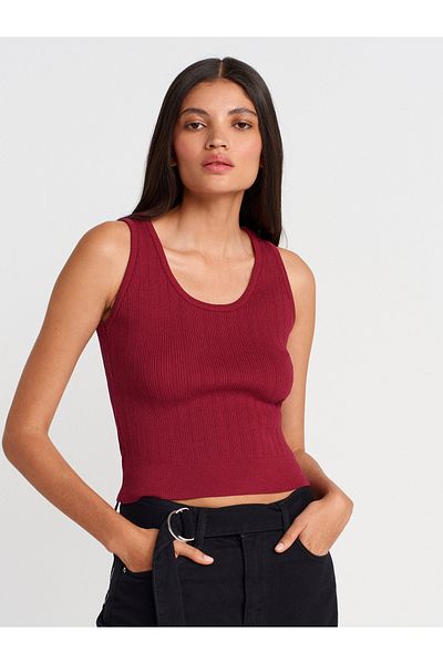 Dilvin 10759 Corded Openwork Knitwear Blouse-Light Claret Red