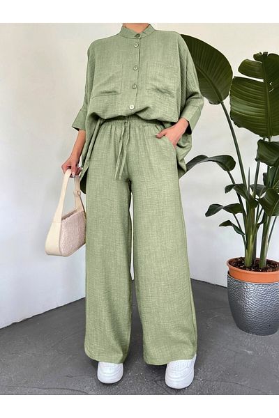 Modamorfo Σετ πουκάμισο Casual με διπλή τσέπη Half Bat Sleeve - Χακί