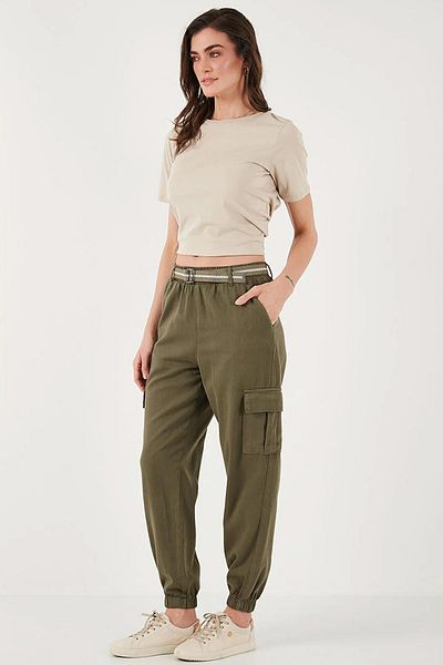 TENA Women's Khaki Palaska Belted Cargo Pocket Elastic Leg Gabardine Trousers