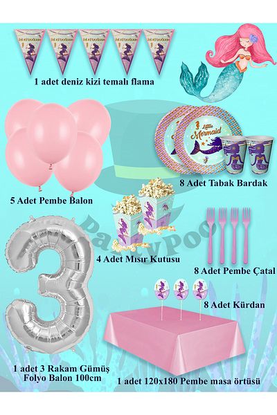 PartyPoo Mermaid Birthday Set 8 People Party Balloons, Birthday Ornaments, Birthday Party Set