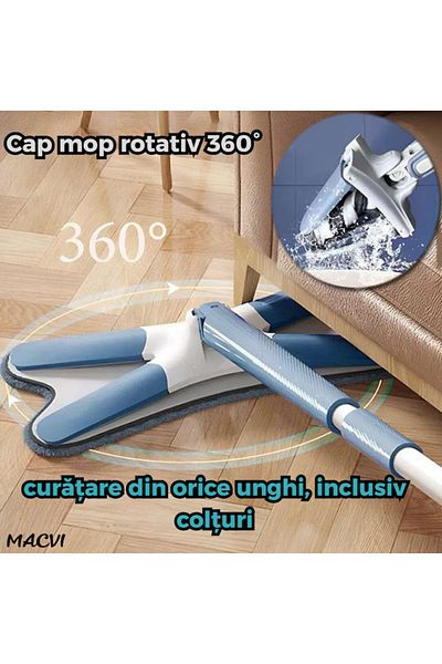 MACVI Mop Dreptunghiular Macvi® cu Stoarcere, 2 Lavete Reutilizabile Microfibra, Cap Plat, Albastru