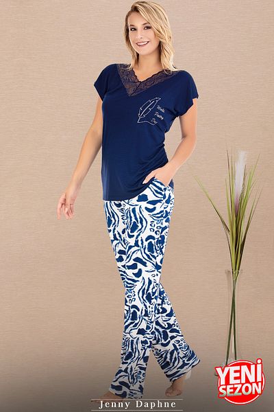 Jenny Daphne Set de pijamale cu mânecă scurtă, cu decolteu în V, cu dantelă, cu model de frunze, 12672
