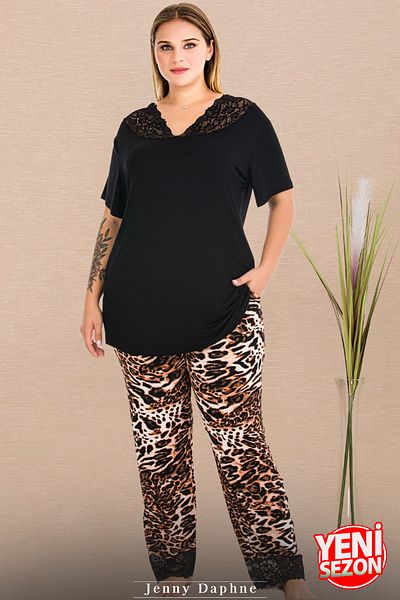 Jenny Daphne Lady Plus Size Leopard Print Lace Leg Pajamas V-Neck Lace Short Sleeve Pajamas Set 11006