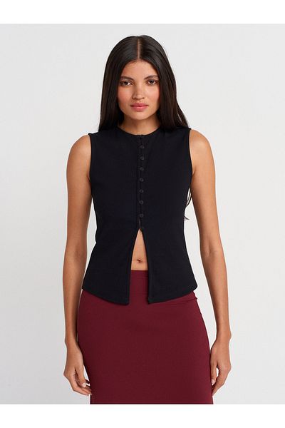 Dilvin 31701 Button Detailed Sleeveless Top-Black