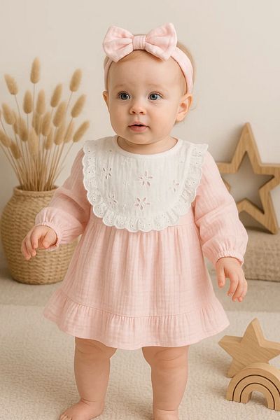 Babydonat فستان طفلة مع مريلة موسلين ورباط