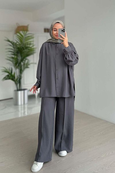 Ka Hijab بدلة مزدوجة بتفاصيل كومة - أنثراسايت