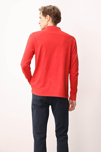 Desen Triko Erkek Polo Yaka Uzun Kollu Sweatshirt Kırmızı