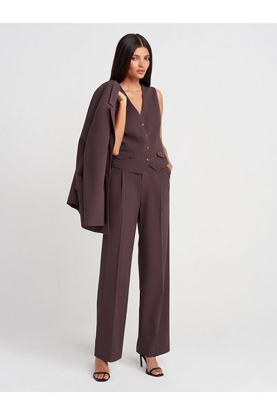 Dilvin 71652 High Waist Draped Pants-Brown