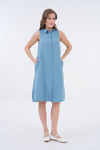 saint majesta 100% Cotton Muslin Zero Sleeve Button Detailed Polo Collar Comfortable Summer Women's Dress-Sm001