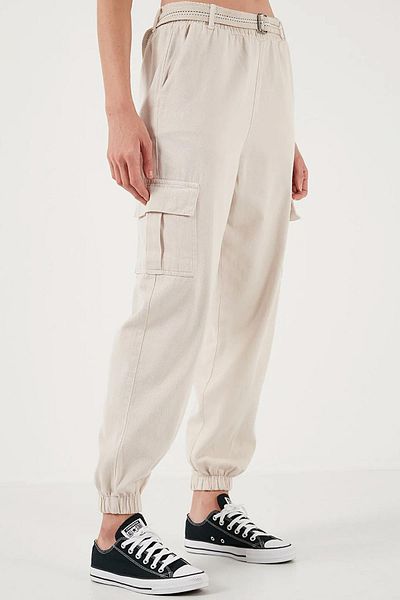 TENA Women's Stone Palaska Belted Cargo Pocket Elastic Leg Gabardine Trousers