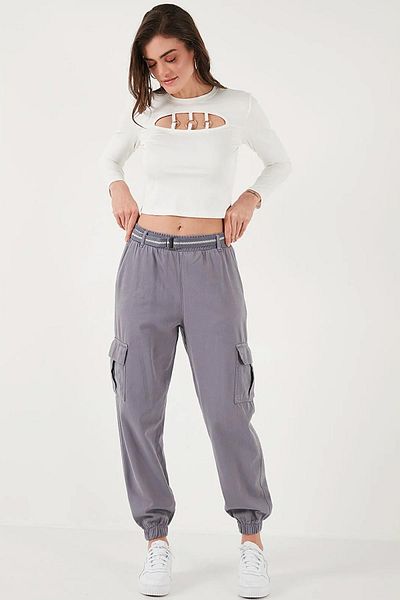 TENA Women's Anthracite Palaska Belted Cargo Pocket Elastic Leg Gabardine Trousers