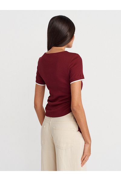 Dilvin 31816 Double Layer Gathered T-Shirt-Light Claret Red