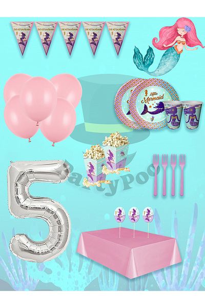 PartyPoo Mermaid Birthday Set 8 People Party Balloons, Birthday Ornaments, Birthday Party Set