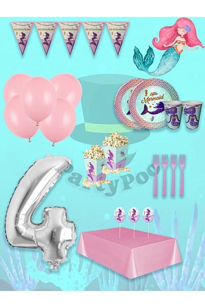 PartyPoo Mermaid Birthday Set 16 People Party Balloons, Birthday Ornaments, Birthday Party Set