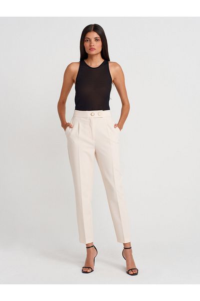 Dilvin 71661 High Waist Pleated Trousers-Ecru