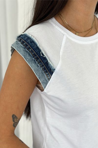 FEMELLE Tricou alb de damă, fără mâneci, din denim, 100% bumbac