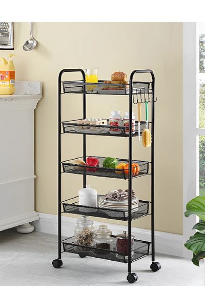 Herum Organizator versatil cu 5 rafturi din plasă metalică și roți, structură metalică, negru, 44 x 26 x 105 cm