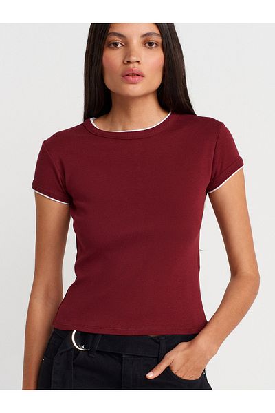 Dilvin 31750 Contrast Short Sleeve Tshirt-Light Claret Red