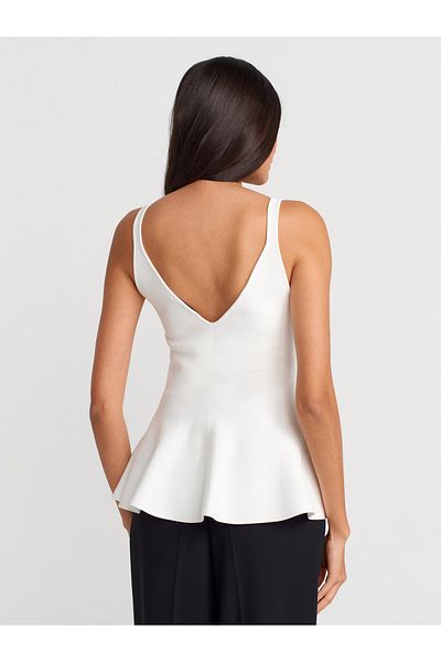 Dilvin 10752 V-Neck Strap Peplum Knitwear Blouse-White