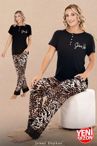 Jenny Daphne Set de pijamale cu mânecă scurtă, cu guler cu nasturi, cu imprimeu leopard, cu picioare din dantelă 12598
