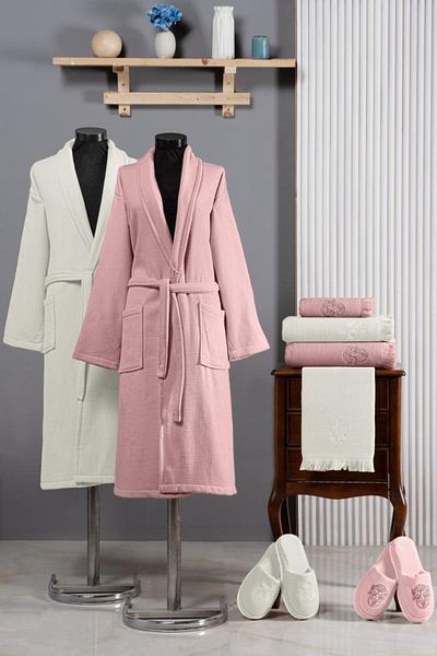 Stylish Home SET HALATE PENTRU 2 PERSOANE PIKE BRODERIE -10pcs -CREAM/PINK