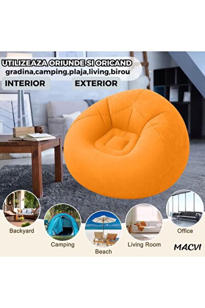 MACVI Macvi® Lazy Bag Inflatable Lounger, pump included, 110x110x85 cm, Portable, Indoor/Outdoor, Orange