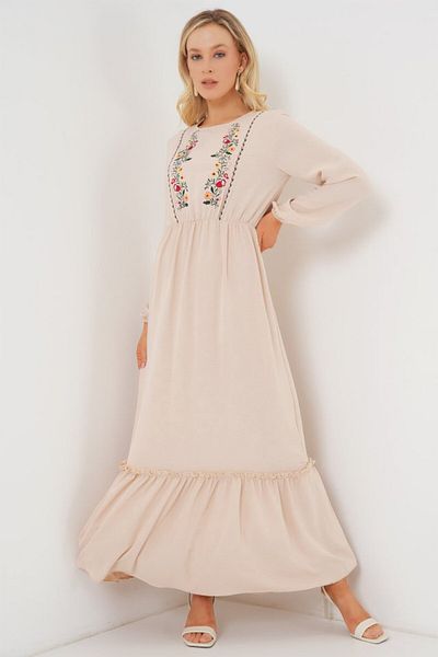 modaserdem Embroidered Long Hijab Dress 2550 - Cream